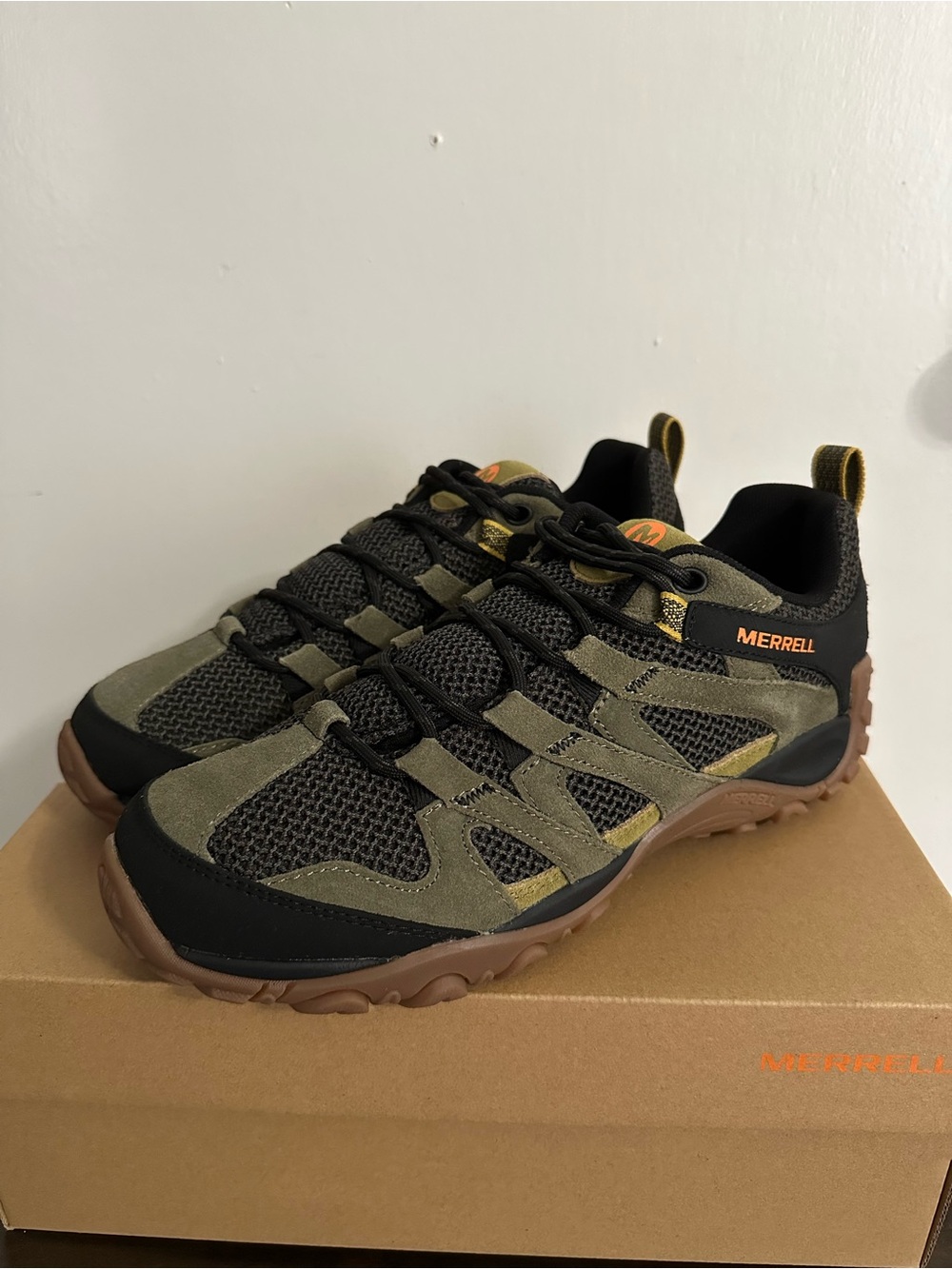 Merrell Olive Green and Black Trail Sneakers with Brown Soles